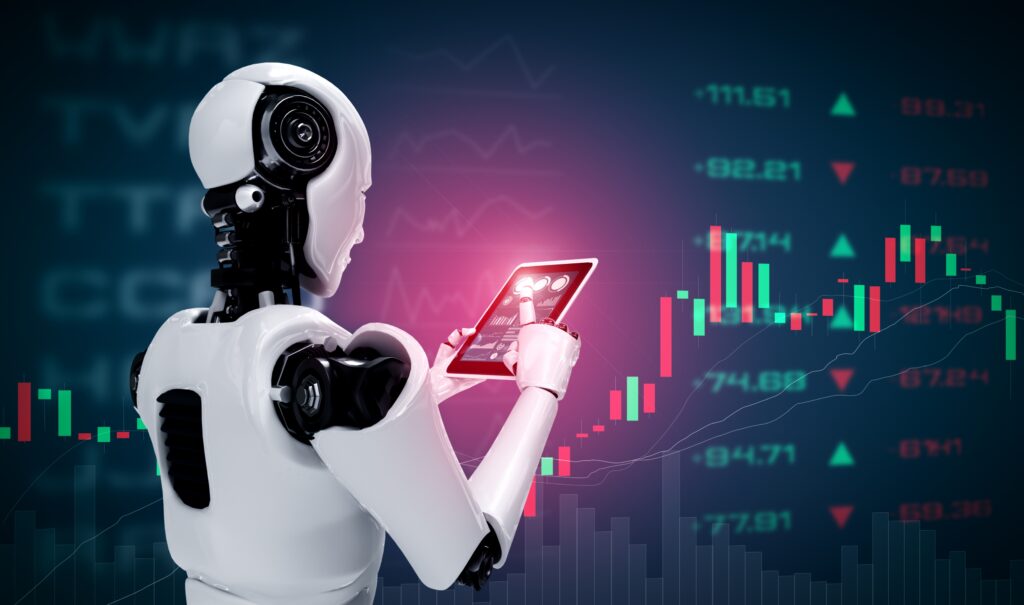 robot humanoid using tablet computer concept stock market trading