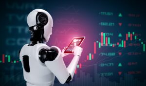 robot humanoid using tablet computer concept stock market trading