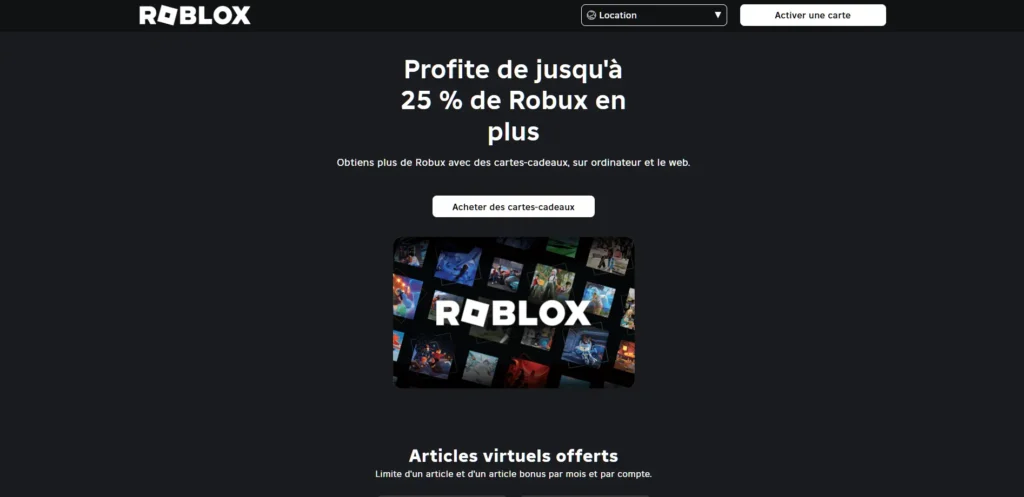 screen écran accueil site roblox carte cadeau