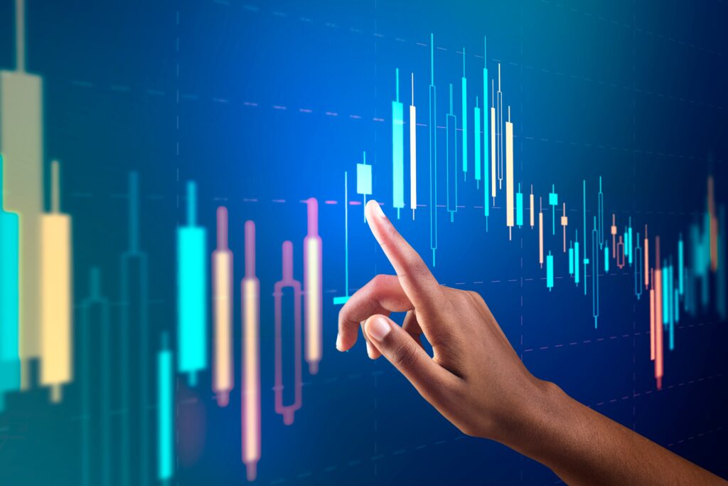 stock market chart virtual screen with woman s hand digital remix