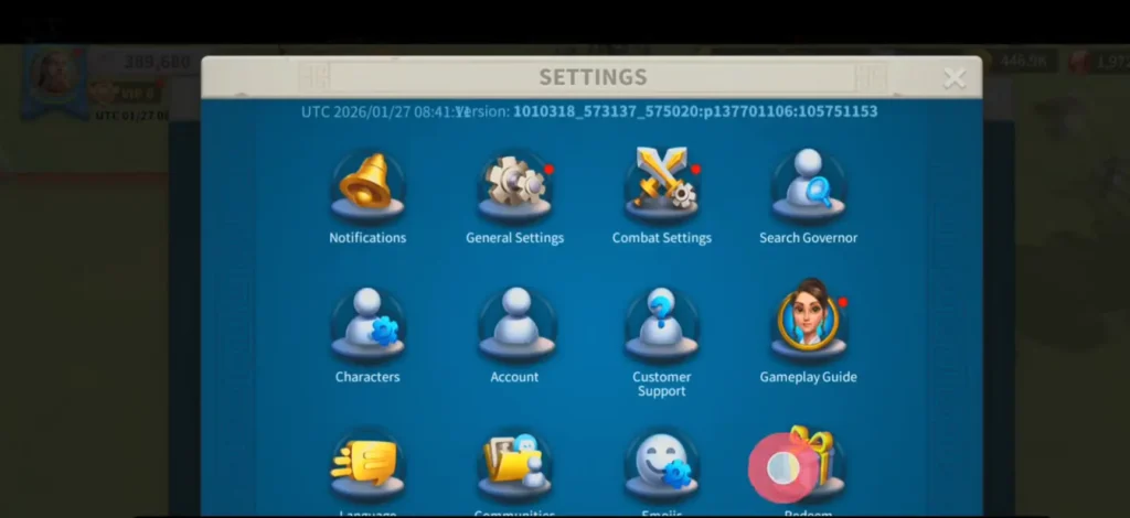 rise of kingdoms settings